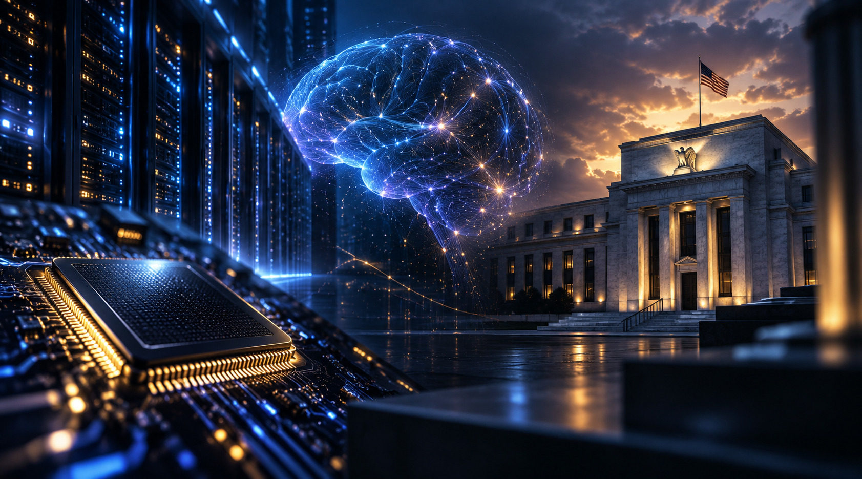 Un chip iluminado, una red neuronal y la sede de la Reserva Federal en el mismo plano: las tres fuerzas que se cruzaron en la semana del 14 al 18 de septiembre de 2026.