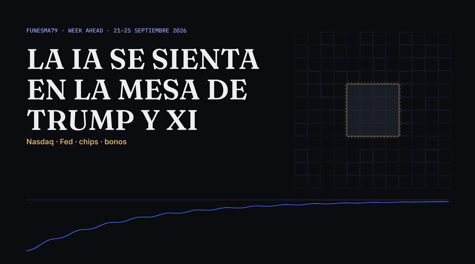 Portada tipográfica del Week Ahead del 21 al 25 de septiembre de 2026: el titular «La IA se sienta en la mesa de Trump y Xi» sobre fondo oscuro, con un chip estilizado y una línea ascendente que se aplana, de carácter decorativo.